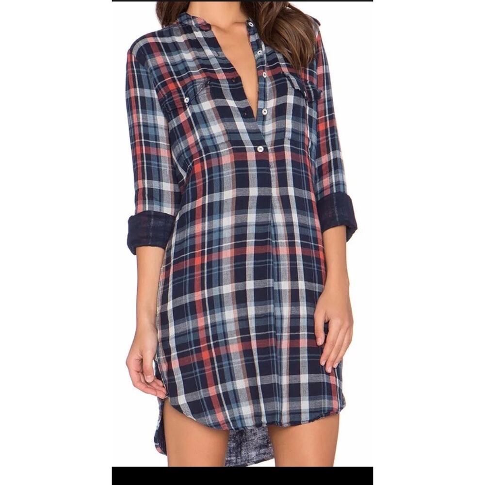 VELVET BY GRAHAM SPENCER Sz M GABRIELLE PLAID LONG SLEEVE DRESS IN SKY MULTI
